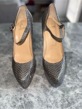 Christian Louboutin Gray Snake-Embossed Mary Jane Pumps with Red Soles